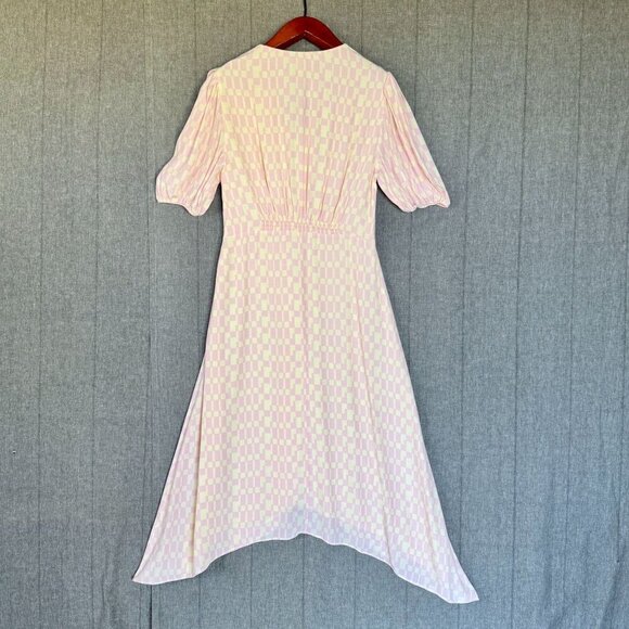 Club Monaco Pink Cream Check Print Puff Sleeve Shark Bite Hem Midi Dress Size 12 - Picture 7 of 16